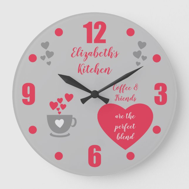 Grey and red coffee cup love hearts kitchen large clock (Front)