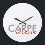 Grey and Red Custom Latin Quotes Carpe Diem Large Clock<br><div class="desc">Grey and red personalised text latin sayings Carpe Diem wall clocks. Written text round wall clock design, by red_dress, featuring the grey and red latin words "Carpe diem" against a white background. Easily customise Carpe Diem wall clocks with your favourite colours and fonts. Click the orange "Customise it!" button to...</div>
