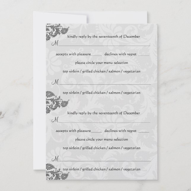 Grey and Red Damask Swirl RSVP Postcard (Front)