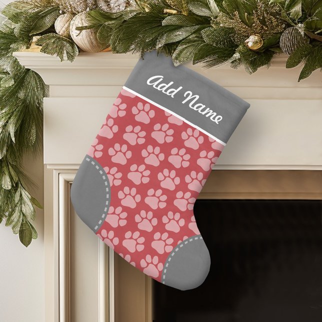 Grey and Red Dog Paw Print Pattern Custom Name Small Christmas Stocking (Personalized Christmas Stocking)