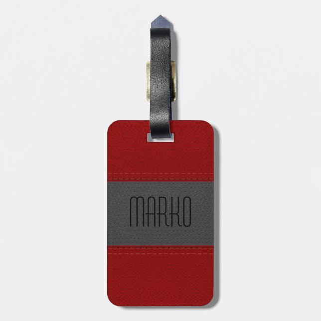 Grey And Red Faux Leather Look Luggage Tag (Back Vertical)