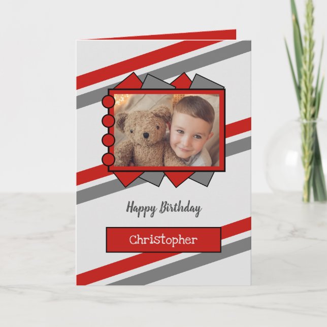 Grey and red photo and name kids birthday card (Front)