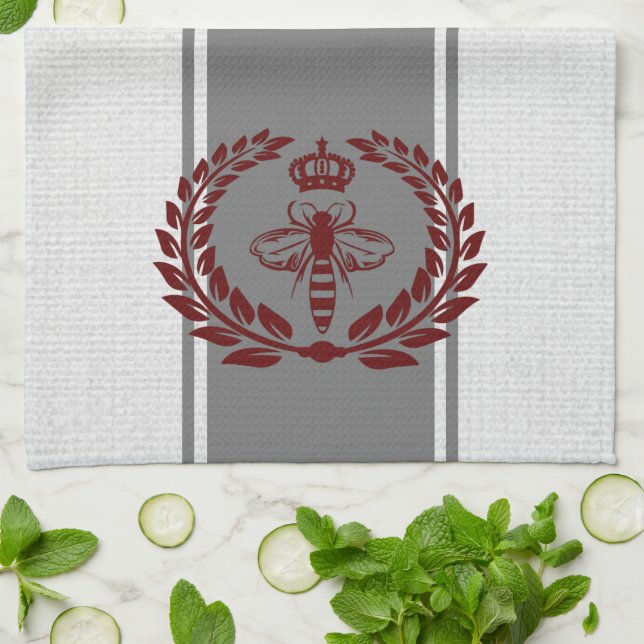 Grey and red royal bee striped tea towel (Folded)