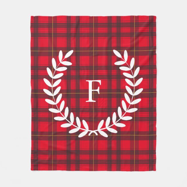 Grey and Red Tartan White Laurel | Personalised Fleece Blanket (Front)