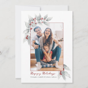 Grey and Red Winter Leaves & Berries Holiday Card