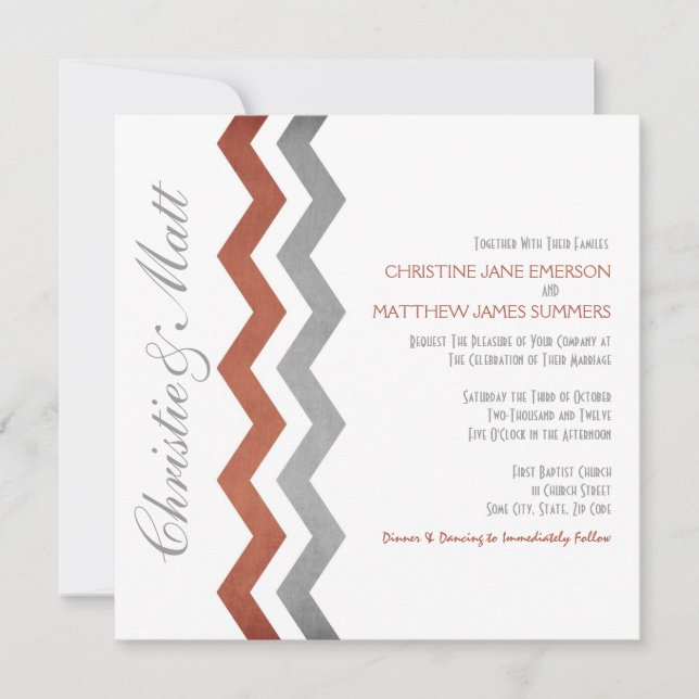 Grey and Red Zig Zag Wedding Invitations (Front)
