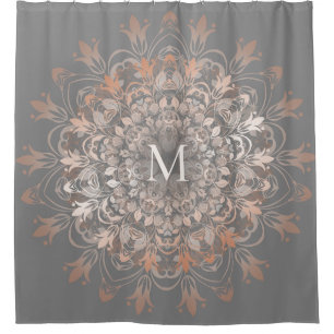 Grey And Rose Gold   Mandala Monogram Bath Mat Shower Curtain