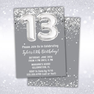 Grey and Silver 13th Birthday Invitation