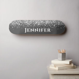 Grey And Silver Faux Glitter Aesthetic Custom Name Skateboard