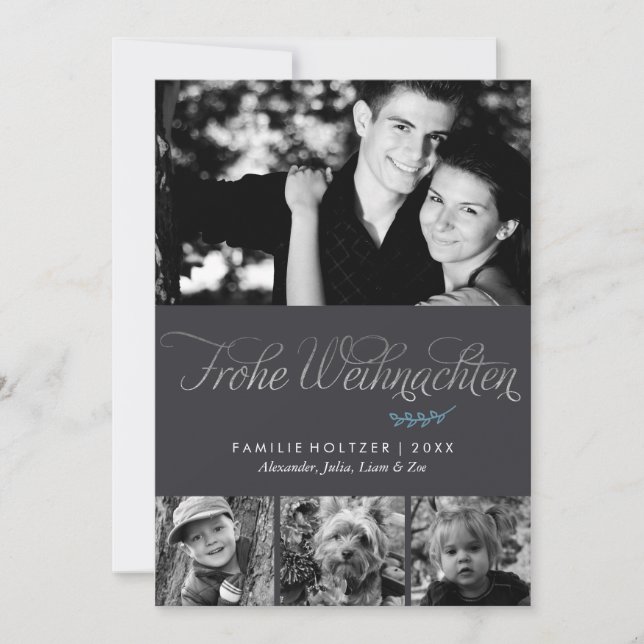 Grey and Silver Frohe Weihnachten Photo Holiday Card (Front)