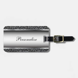 Grey and Silver Leopard Animal Print   Personalise Luggage Tag