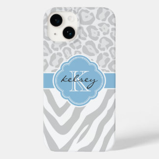 Grey and Sky Blue Animal Print Monogram Case-Mate iPhone 14 Case