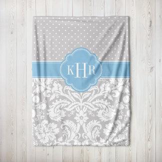 Grey and Sky Blue Damask Polka Dots Monogram Fleece Blanket