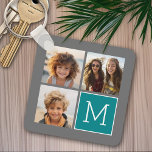Grey and Teal Instagram Photo Collage Monogram Key Ring<br><div class="desc">Use 3 square photos to create a unique and personal gift. Or you can keep the hipster puppy and make a trendy keepsake. If you need to adjust the pictures,  click on the customise tool to make changes.</div>