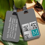 Grey and Teal Instagram Photo Collage Monogram Luggage Tag<br><div class="desc">Use 3 square photos to create a unique and personal gift. Or you can keep the hipster puppy and make a trendy keepsake. If you need to adjust the pictures,  click on the customise tool to make changes.</div>