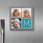 Grey and Teal Instagram Photo Collage Monogram Magnet<br><div class="desc">Use 3 square photos to create a unique and personal gift. Or you can keep the hipster puppy and make a trendy keepsake. If you need to adjust the pictures,  click on the customise tool to make changes.</div>