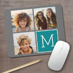 Grey and Teal Instagram Photo Collage Monogram Mouse Pad<br><div class="desc">Use 3 square photos to create a unique and personal gift. Or you can keep the hipster puppy and make a trendy keepsake. If you need to adjust the pictures,  click on the customise tool to make changes.</div>