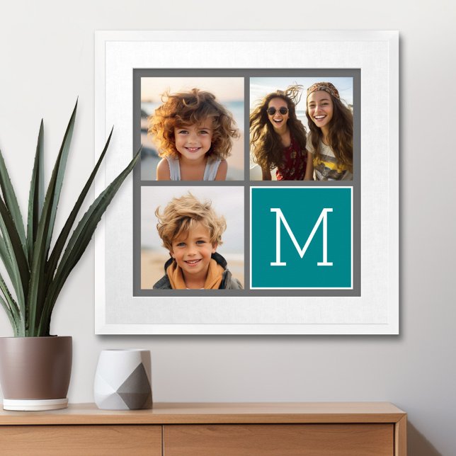 Grey and Teal Instagram Photo Collage Monogram Poster (Personalized Wall Art with a Photo Collage)