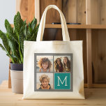 Grey and Teal Instagram Photo Collage Monogram Tote Bag<br><div class="desc">Use 3 square photos to create a unique and personal gift. Or you can keep the hipster puppy and make a trendy keepsake. If you need to adjust the pictures,  click on the customise tool to make changes.</div>