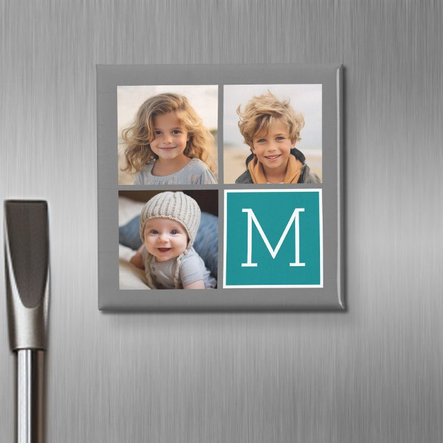 Grey and Teal - Photo Collage Monogram Magnet (Personalized fridge magnet with photos and custom text)