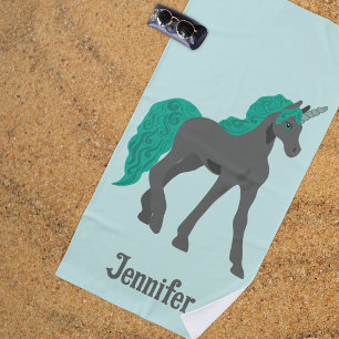Grey and Teal Unicorn Personalised Beach Towel