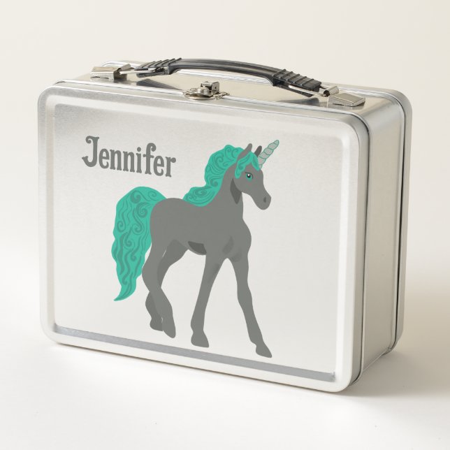 Grey and Teal Unicorn Personalised Metal Lunch Box (Front)