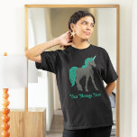 Grey and Teal Unicorn Personalised T-Shirt<br><div class="desc">Features a unicorn illustration in a realistic style. The unicorn is a dark charcoal grey with a teal green mane and tail. There’s a spot to add your own message in green lettering.</div>