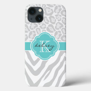 Grey and Turquoise Animal Print Monogram iPhone 13 Case
