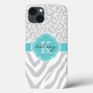 Grey and Turquoise Animal Print Monogram iPhone 13 Case