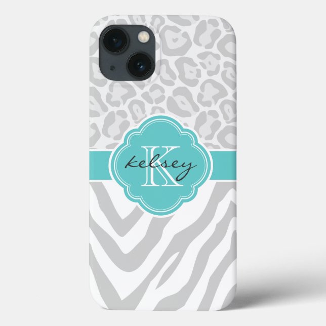 Grey and Turquoise Animal Print Monogram Case-Mate iPhone Case (Back)