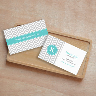 Grey and Turquoise Chevron Custom Monogram Business Card