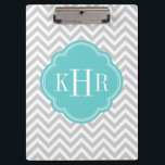 Grey and Turquoise Chevron Custom Monogram Clipboard<br><div class="desc">Cute girly preppy modern zigzag chevron pattern personalised with your custom monogram name or initials in a chic quatrefoil frame. Click Customise It to change monogram font and colours to create your own unique one of a kind design!</div>