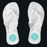 Grey and Turquoise Floral Damask Monogram Jandals<br><div class="desc">Custom printed flip flop sandals with a stylish elegant floral damask pattern and your custom monogram or other text in a circle frame. Click Customise It to change text fonts and colours or add your own images to create a unique one of a kind design!</div>