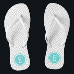 Grey and Turquoise Greek Key Monogram Jandals<br><div class="desc">Custom printed flip flop sandals with a stylish modern Greek key pattern and your custom monogram or other text in a circle frame. Click Customise It to change text fonts and colours or add your own images to create a unique one of a kind design!</div>