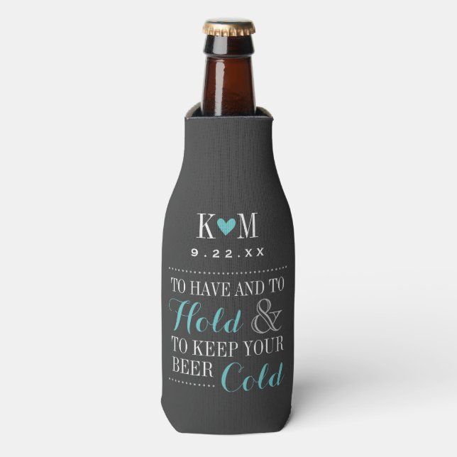 Grey and Turquoise Modern Wedding Monogram Bottle Cooler (Bottle Front)
