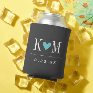 Grey and Turquoise Modern Wedding Monogram Can Cooler