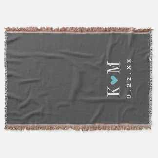Grey and Turquoise Modern Wedding Monogram Throw Blanket