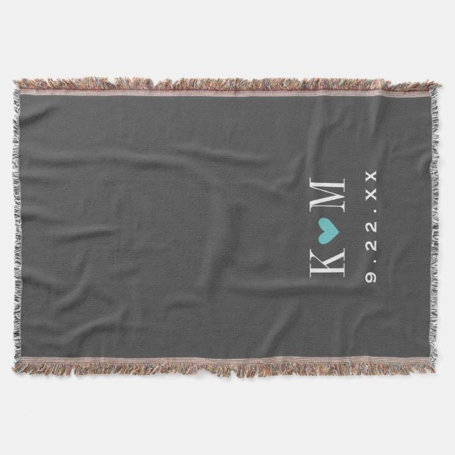 Grey and Turquoise Modern Wedding Monogram Throw Blanket (Front)