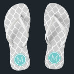 Grey and Turquoise Moroccan Quatrefoil Monogram Jandals<br><div class="desc">Custom printed flip flop sandals with a stylish Moroccan quatrefoil pattern and your custom monogram or other text in a circle frame. Click Customise It to change text fonts and colours or add your own images to create a unique one of a kind design!</div>