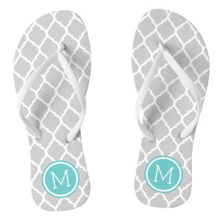 Grey and Turquoise Moroccan Quatrefoil Monogram Jandals