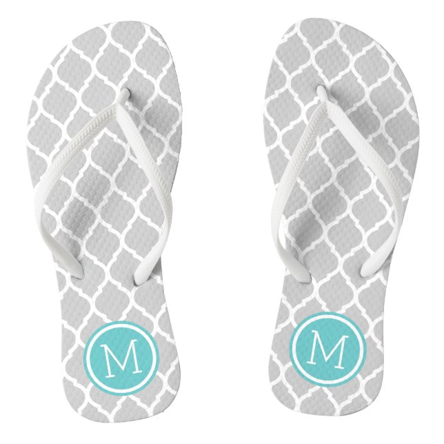 Grey and Turquoise Moroccan Quatrefoil Monogram Jandals (Footbed)