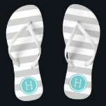 Grey and Turquoise Preppy Stripes Monogram Jandals<br><div class="desc">Custom printed flip flop sandals with a preppy nautical stripe pattern and your custom monogram or other text in a circle frame. Click Customise It to change text fonts and colours or add your own images to create a unique one of a kind design!</div>