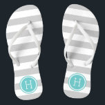 Grey and Turquoise Preppy Stripes Monogram Jandals<br><div class="desc">Custom printed flip flop sandals with a preppy nautical stripe pattern and your custom monogram or other text in a circle frame. Click Customise It to change text fonts and colours or add your own images to create a unique one of a kind design!</div>