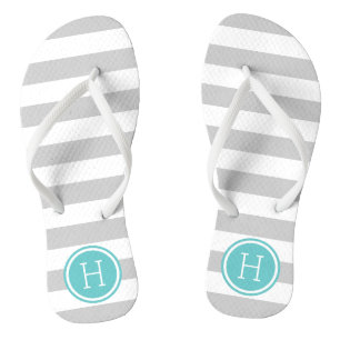 Grey and Turquoise Preppy Stripes Monogram Jandals