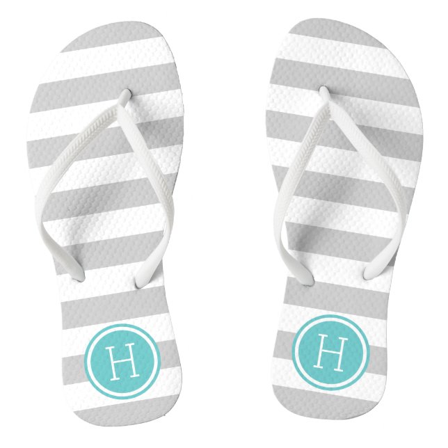 Grey and Turquoise Preppy Stripes Monogram Jandals (Footbed)
