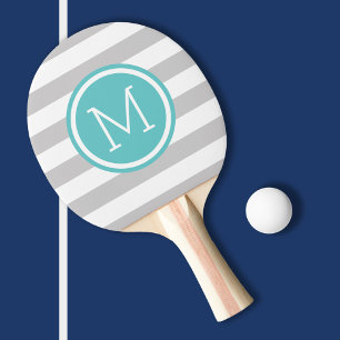 Grey and Turquoise Preppy Stripes Monogram Ping Pong Paddle