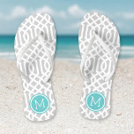 Grey and Turquoise Trellis Monogram Jandals<br><div class="desc">Custom printed flip flop sandals with a stylish modern trellis pattern and your custom monogram or other text in a circle frame. Click Customise It to change text fonts and colours or add your own images to create a unique one of a kind design!</div>