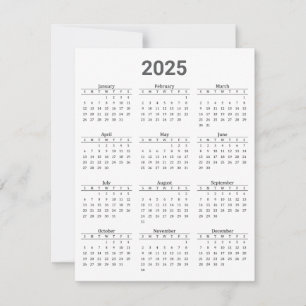 Grey and White 2025 Year At A Glance Calendar Flat Card