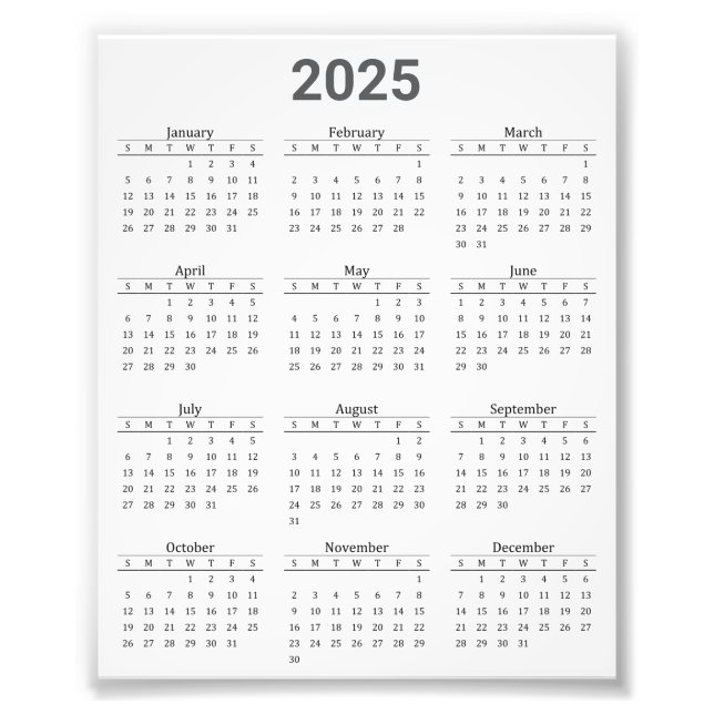 Grey and White 2025 Year At A Glance Calendar Photo Print (Front)