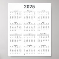 Grey and White 2025 Year At A Glance Calendar